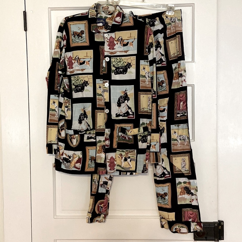 Nick & Nora for Neiman Marcus Vintage Cotton PJs Set, Framed Dogs on Black, Sz L